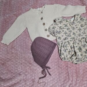 Floral Baby Romper with Knit Cardigan and Bonnet
